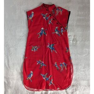 VTG Union Made Red Bird Print Sleeveless Cheongsam Top Mandarin Collar Womens S